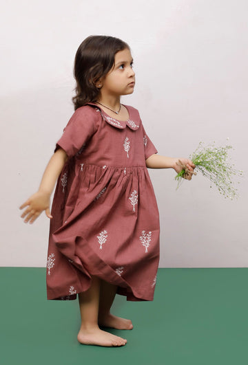 Mauve Cotton Slub Block Printed Gathered Dress
